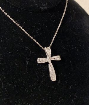 FZN Sterling Silver Cross Necklace Large Cubic Zirconia Religious 18”